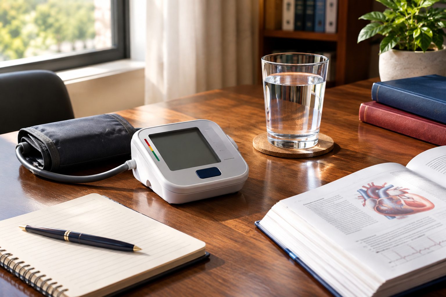 A home blood pressure monitor on a desk, alongside clinical reference texts.