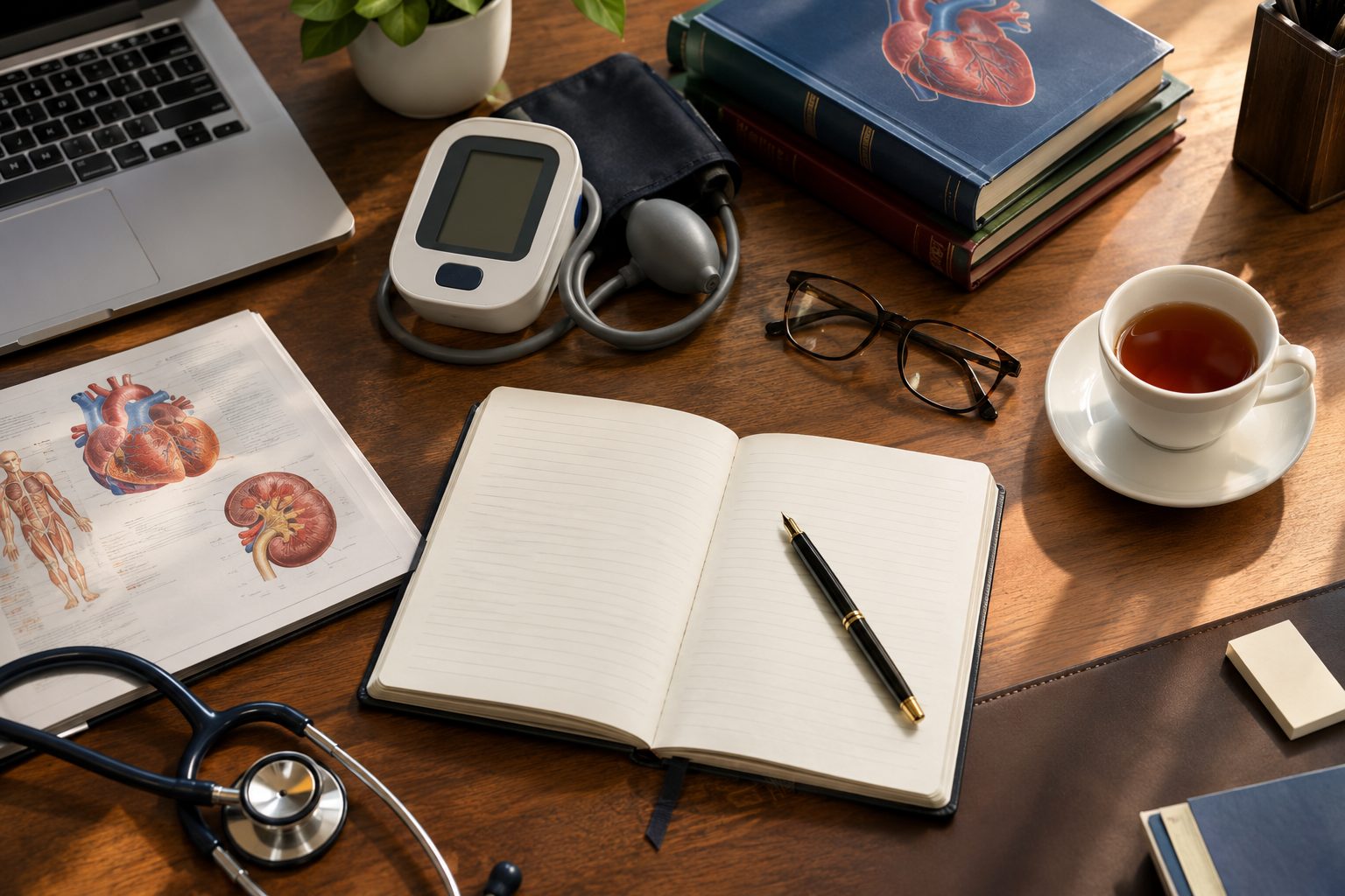 A clinician's desk with a blood pressure monitor, reference texts on the heart and kidney, and a notebook.