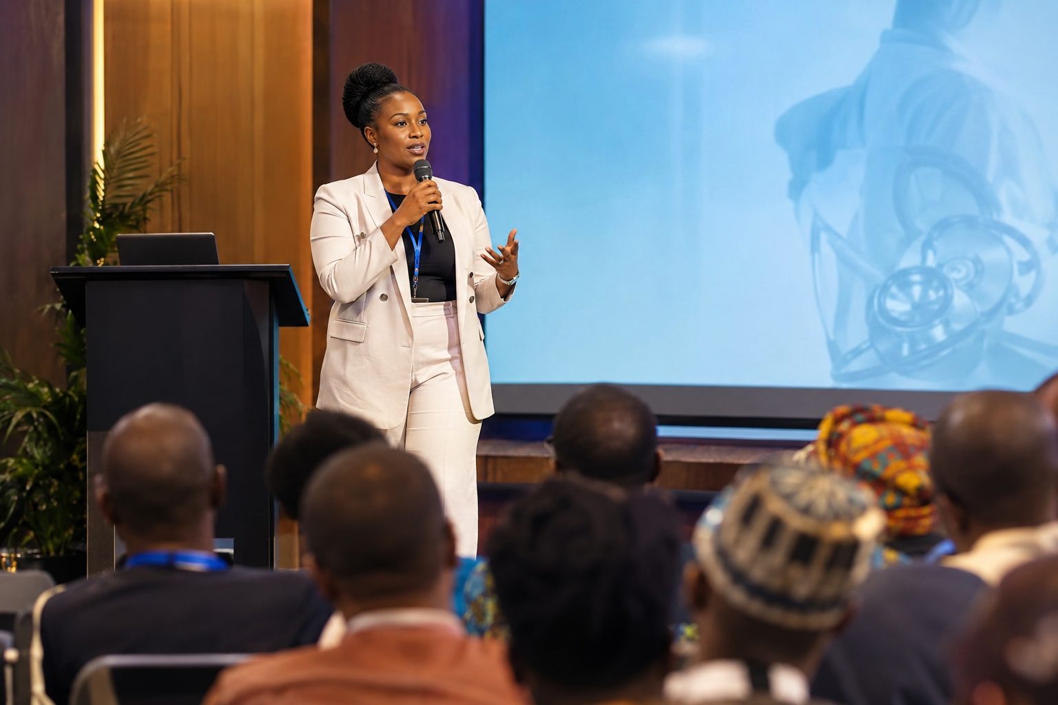 Dr. Nwosu speaking on stage at the West African Cardiometabolic Forum.