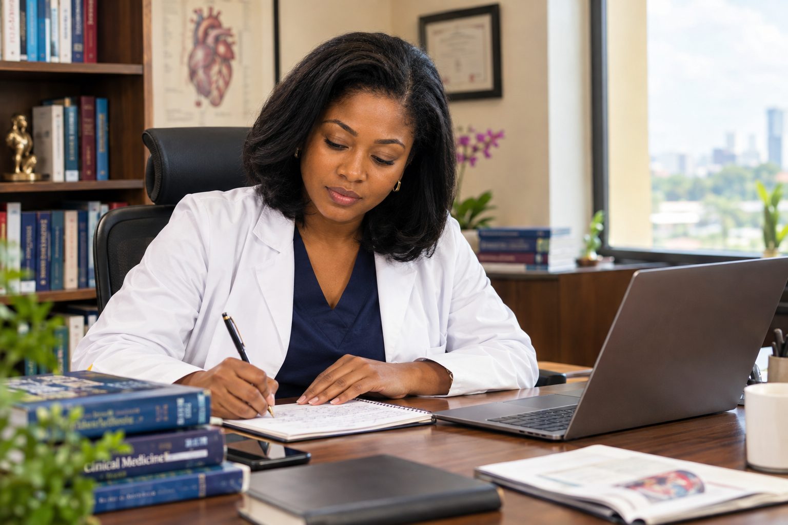 Dr. Nwosu reviewing patient notes at her desk, with an anatomical heart reference and the Lagos skyline beyond.