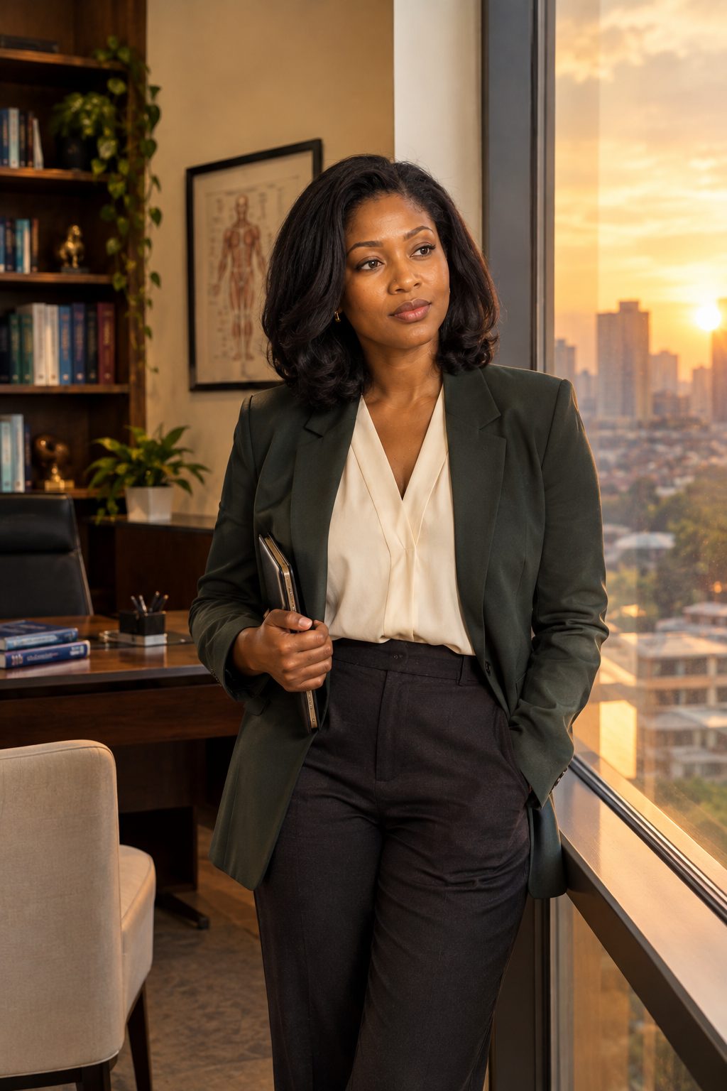 Dr. Amara Nwosu standing by the window of her consulting room at sunset, overlooking the Lagos skyline.