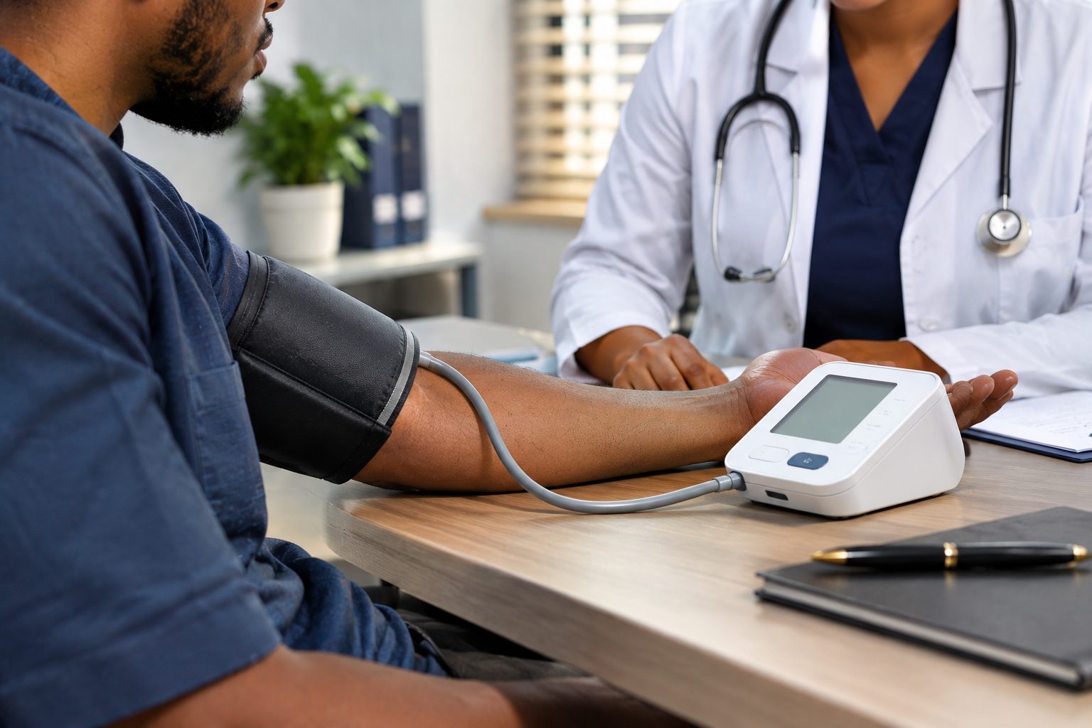 Dr. Nwosu checking a patient's blood pressure during a consultation.