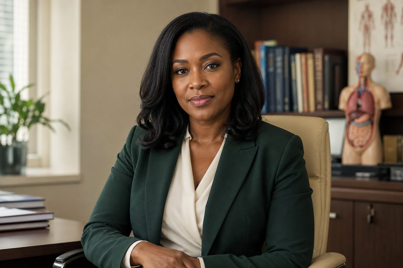 Dr. Amara Nwosu, seated in her consulting room.