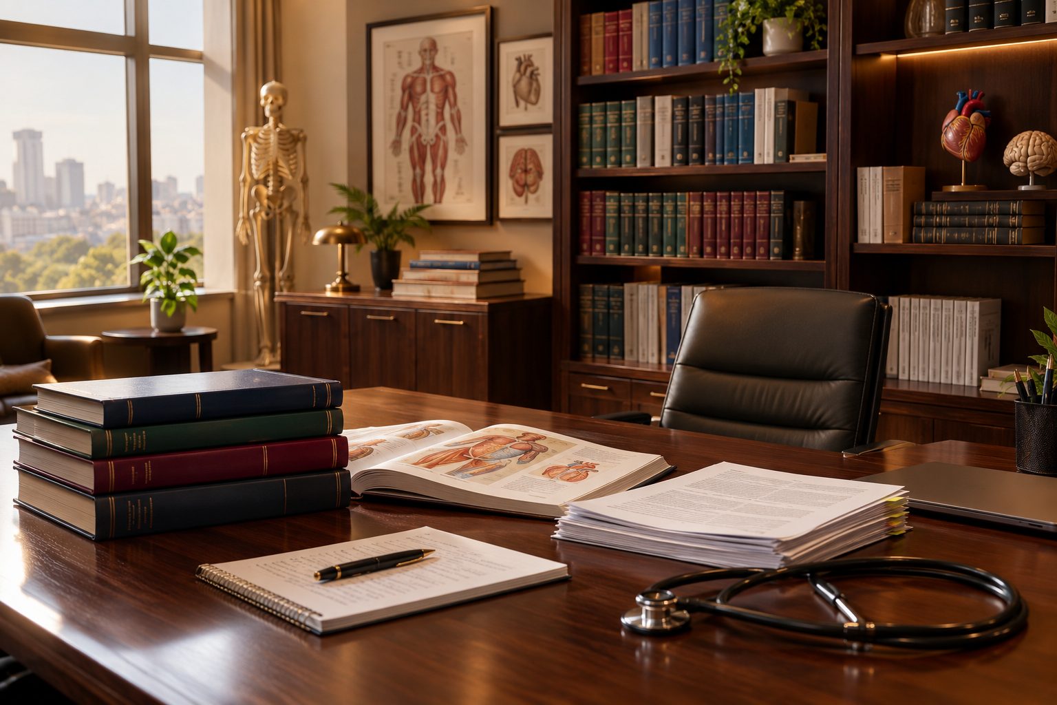 Dr. Nwosu's consulting room desk, with anatomical references, clinical texts and a view over Lagos.