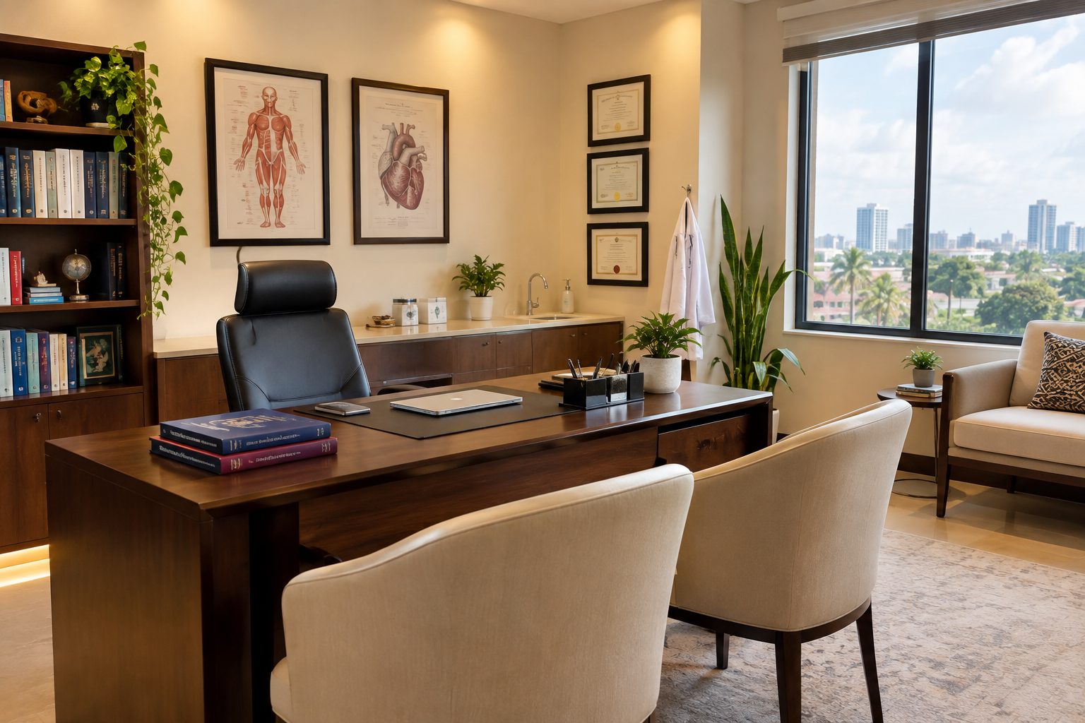 Dr. Nwosu's consulting office, Victoria Island, Lagos, with a view over the city.