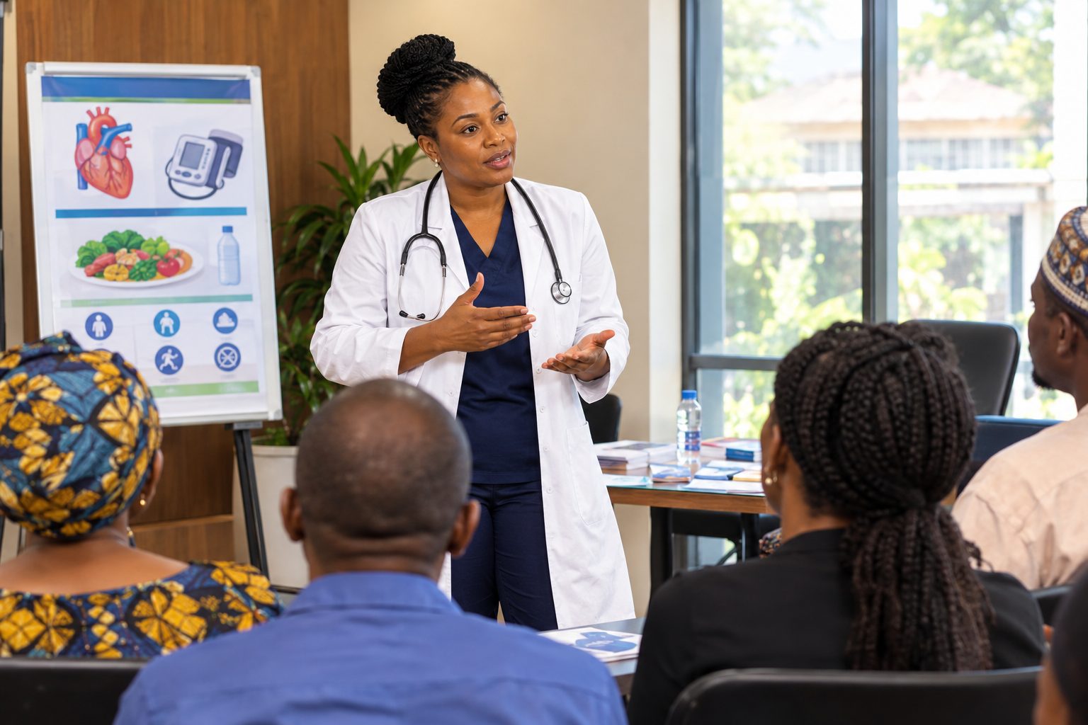 Dr. Nwosu leading a community patient education session, with an illustrated chart on heart health and prevention.
