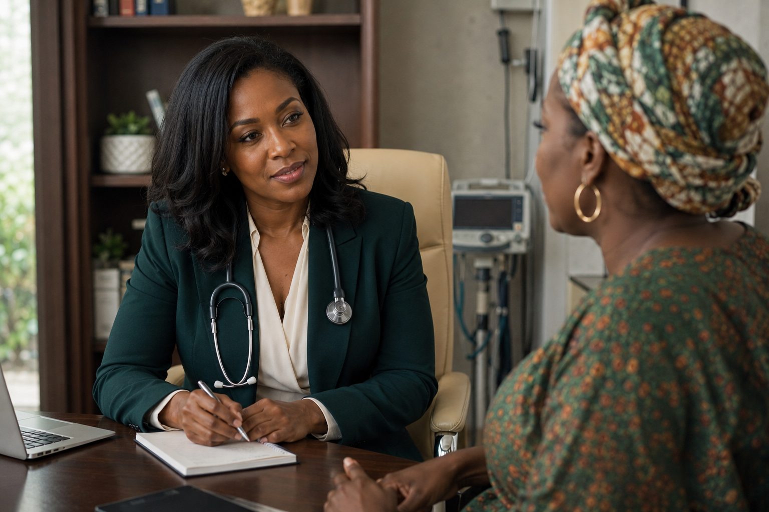 Dr. Nwosu in conversation with a patient, discussing risk factors before they become disease.
