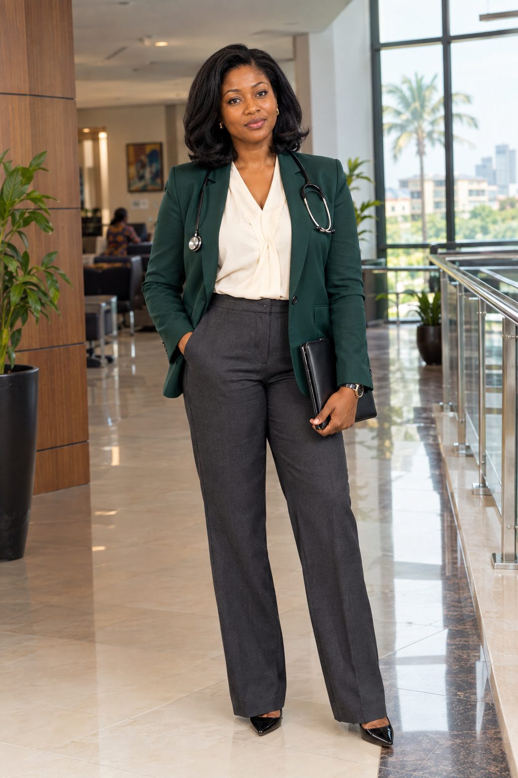 Dr. Amara Nwosu walking through a professional building, carrying her laptop and notes.