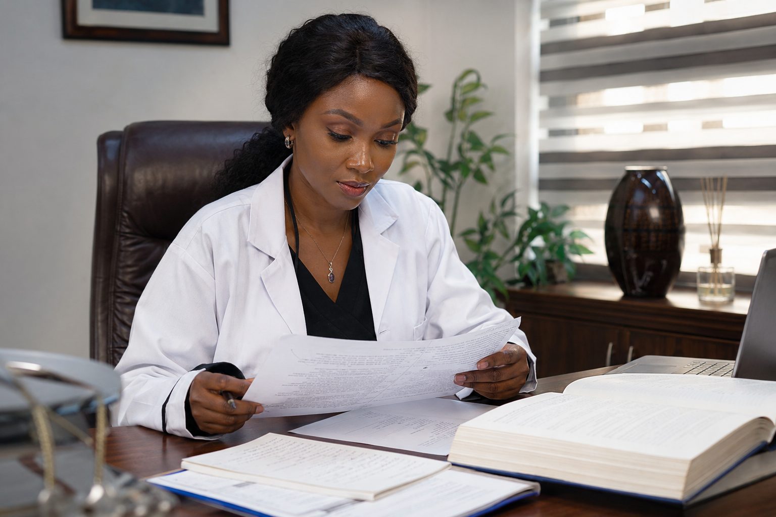 Dr. Nwosu reviewing a manuscript at her desk.