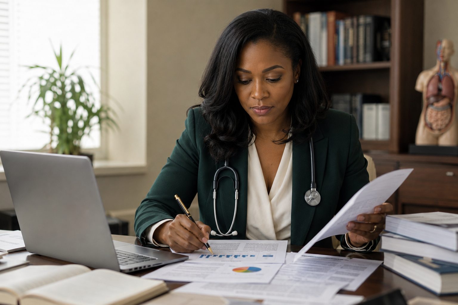 Dr. Nwosu reviewing research charts and data at her desk.