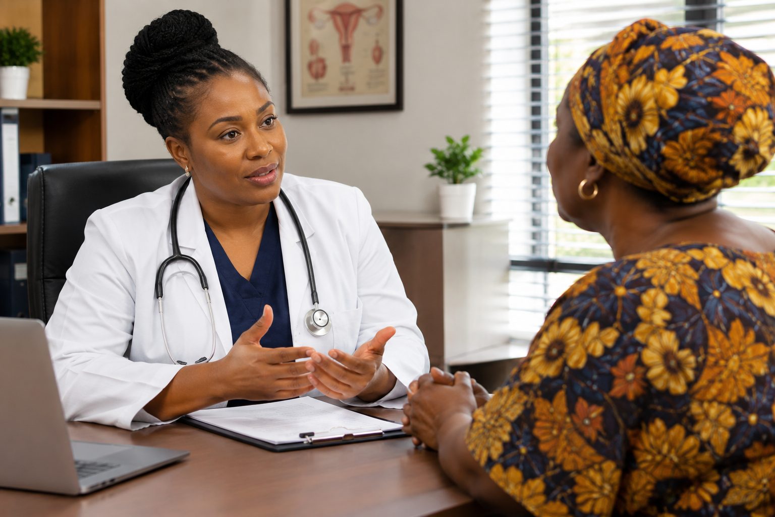 Dr. Nwosu consulting with a patient in her office, with a women's health anatomical reference on the wall.